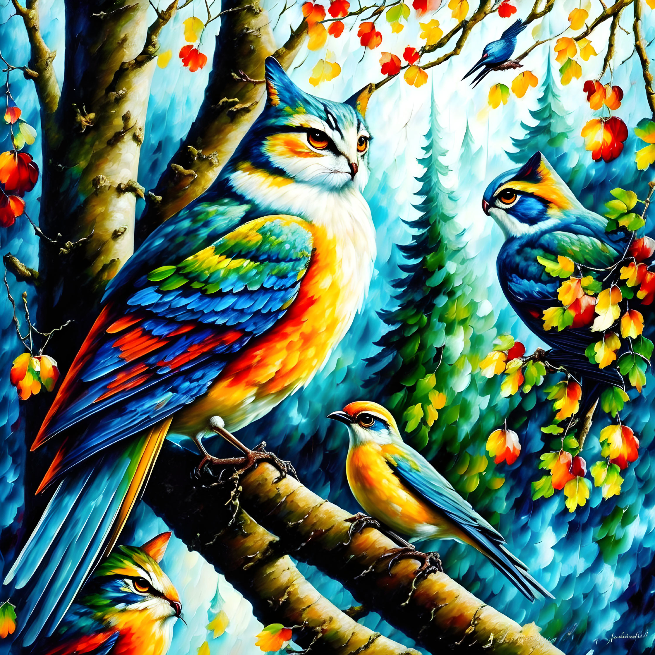 Colorful Stylized Birds Perched in Forest Setting