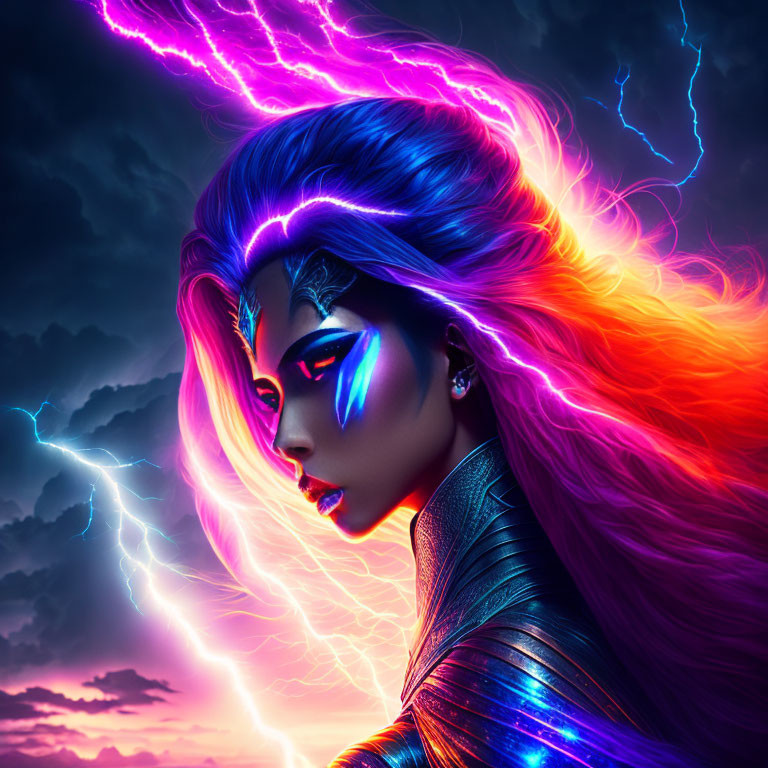 Digital Art: Woman with Neon Hair in Stormy Sky