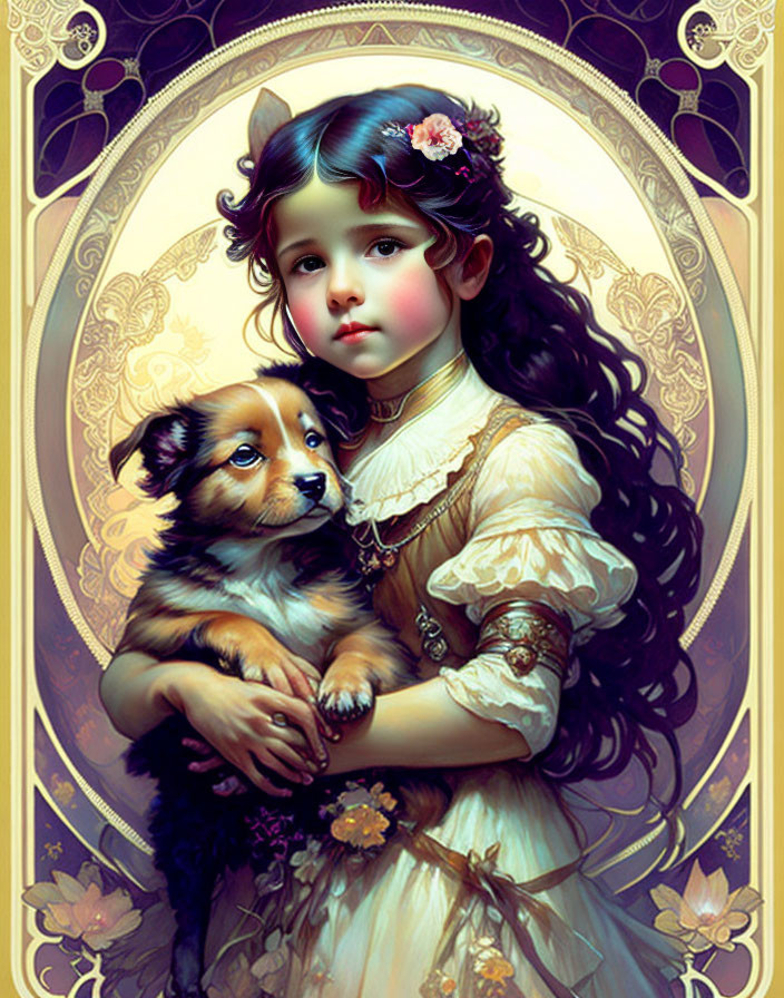 Young girl with rosy cheeks holding small dog against golden floral background