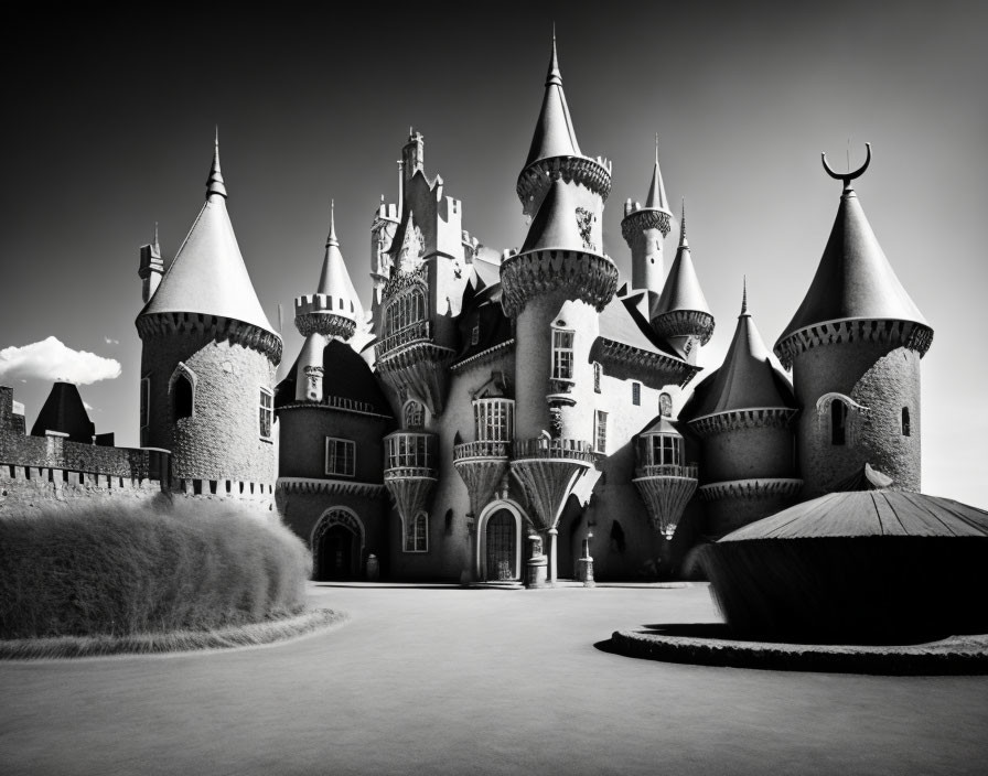 Majestic black and white fairy-tale castle under dramatic sky