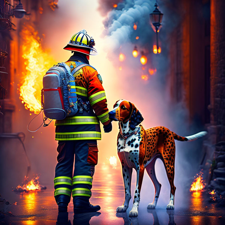 Firefighter and Dalmatian in alley with burning buildings.