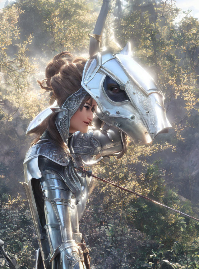 Female Knight in Shining Armor with Horse in Forest Glade