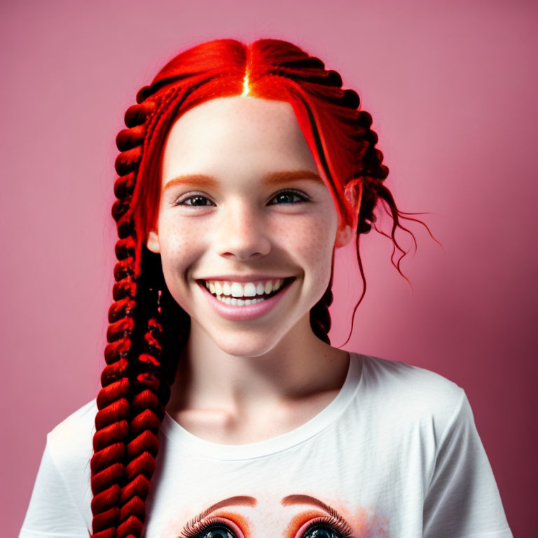 Young girl with red braided hair and freckles smiling on pink background.