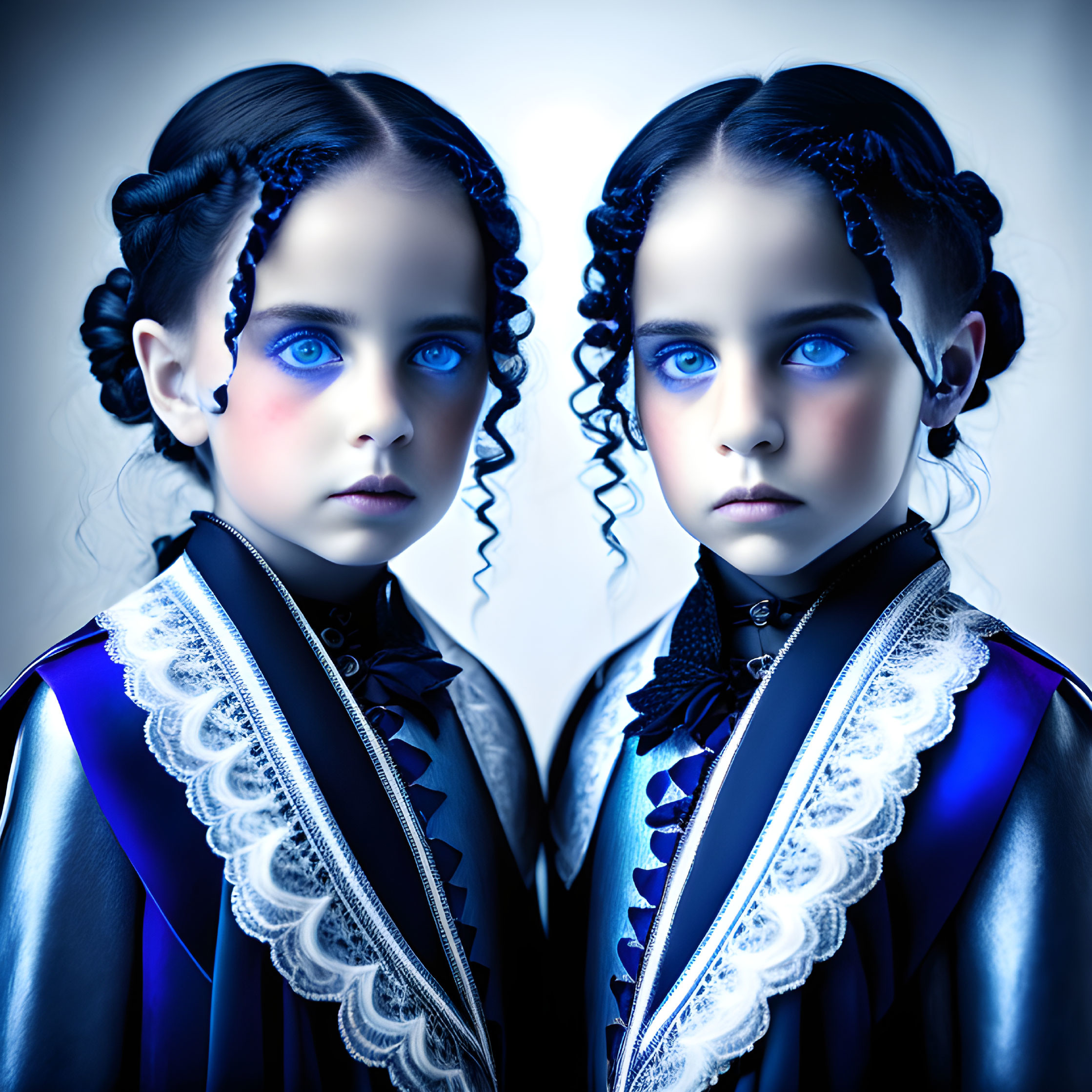 Twin girls with blue eyes in vintage navy dresses