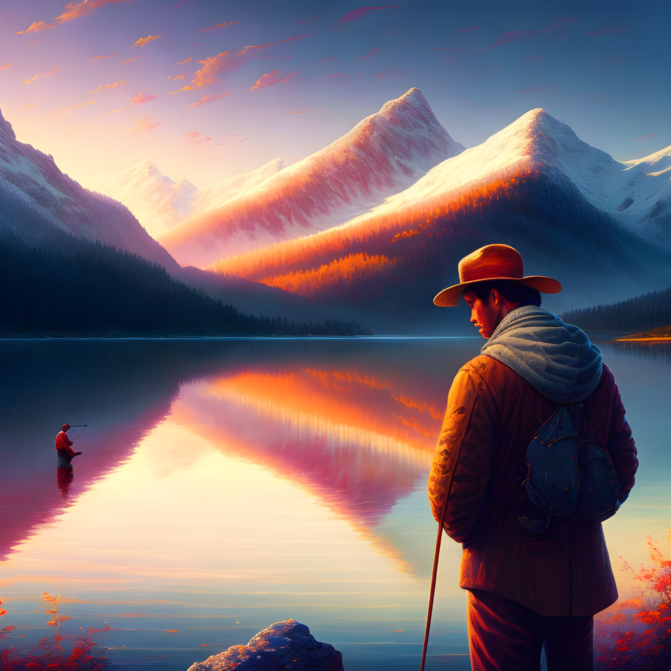 Person in Hat Observing Fishing by Serene Lake at Sunrise