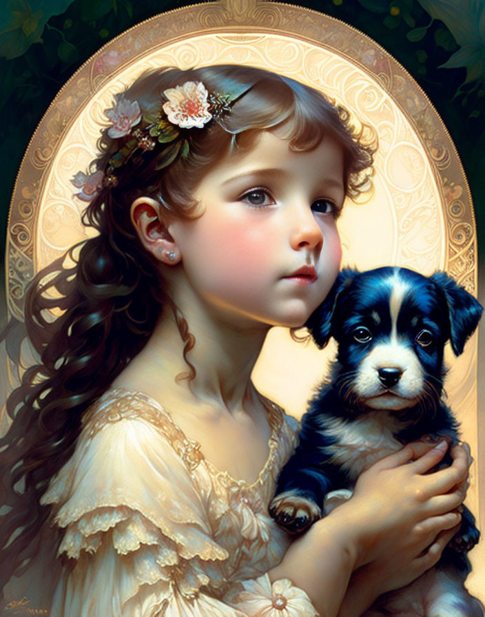 Young girl with curly hair holding a puppy surrounded by flowers and a golden halo.