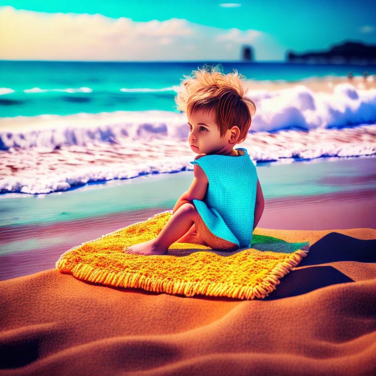 Child on Yellow Towel at Beach During Sunset Watching Waves