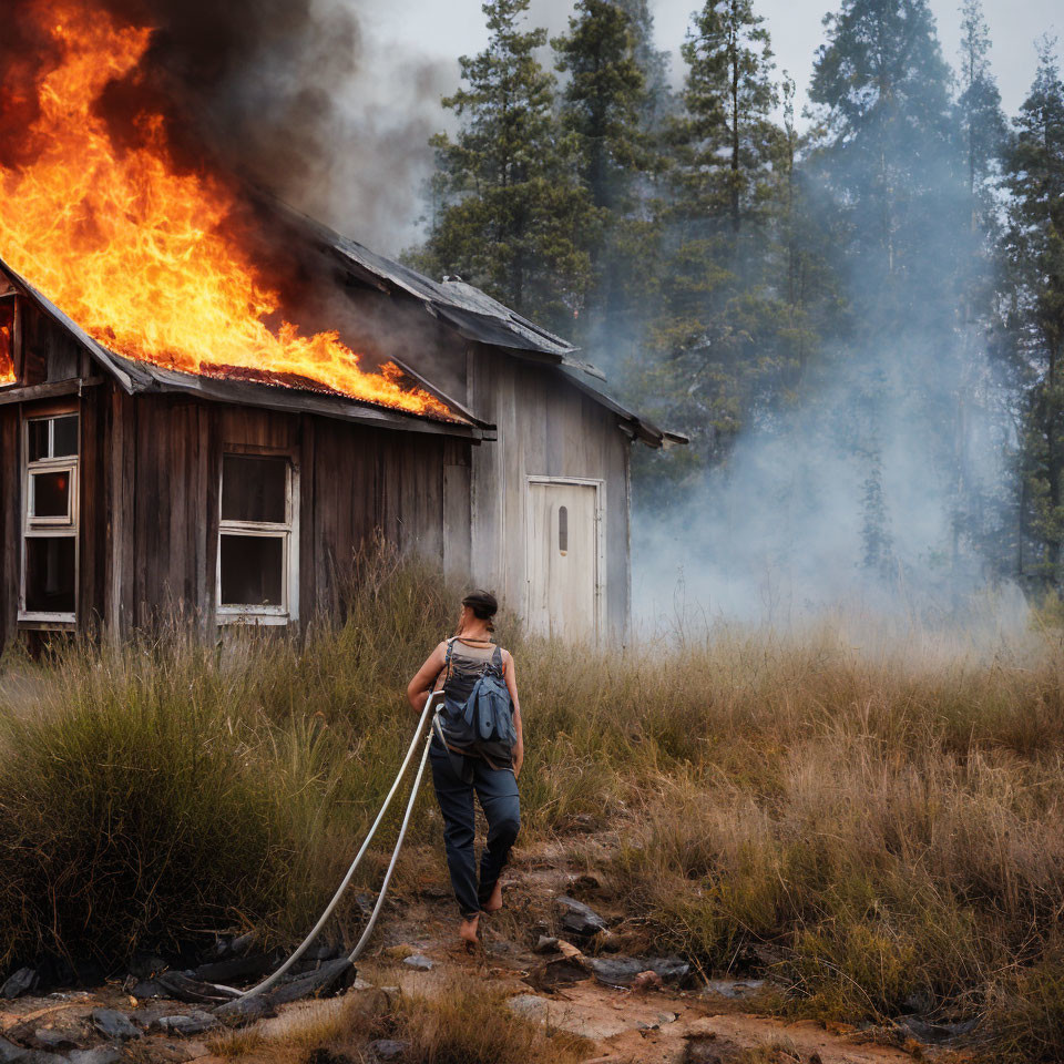 Person with backpack extinguishing flames at wooden house in forest