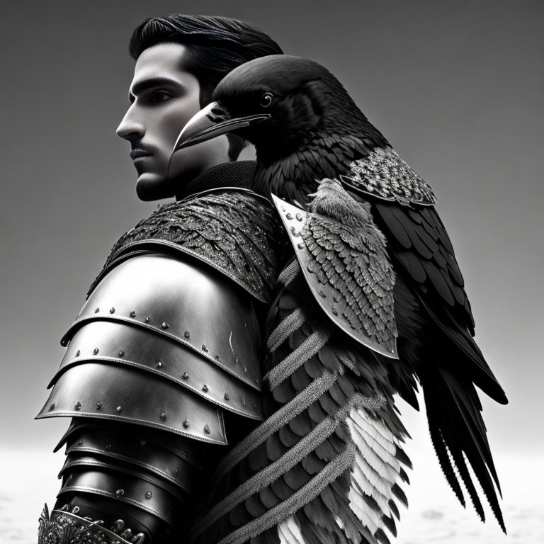 Monochrome image of man in armor with raven on shoulder