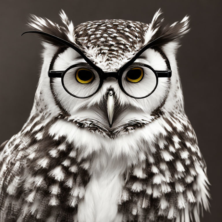 Detailed Close-Up of Owl with Unique Feather Patterns and Eyeglasses on Grey Background