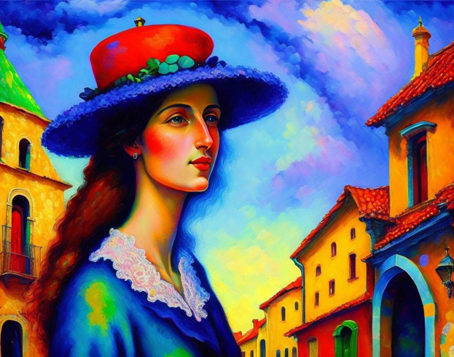 Colorful painting of woman in red hat and blue dress among stylized buildings