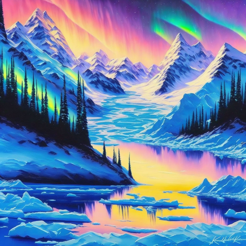 Digital art: Neon aurora over snow mountains, river, forest, starry sky