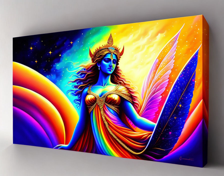 Colorful celestial woman with crown and wing on vibrant canvas art