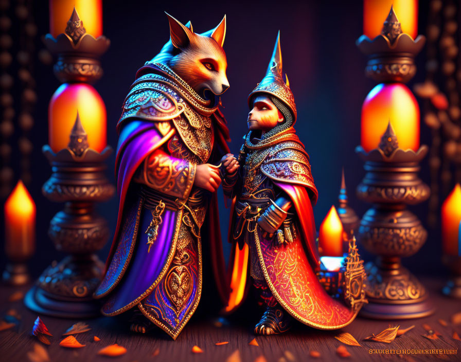 Anthropomorphic foxes in regal attire with a medieval fantasy theme