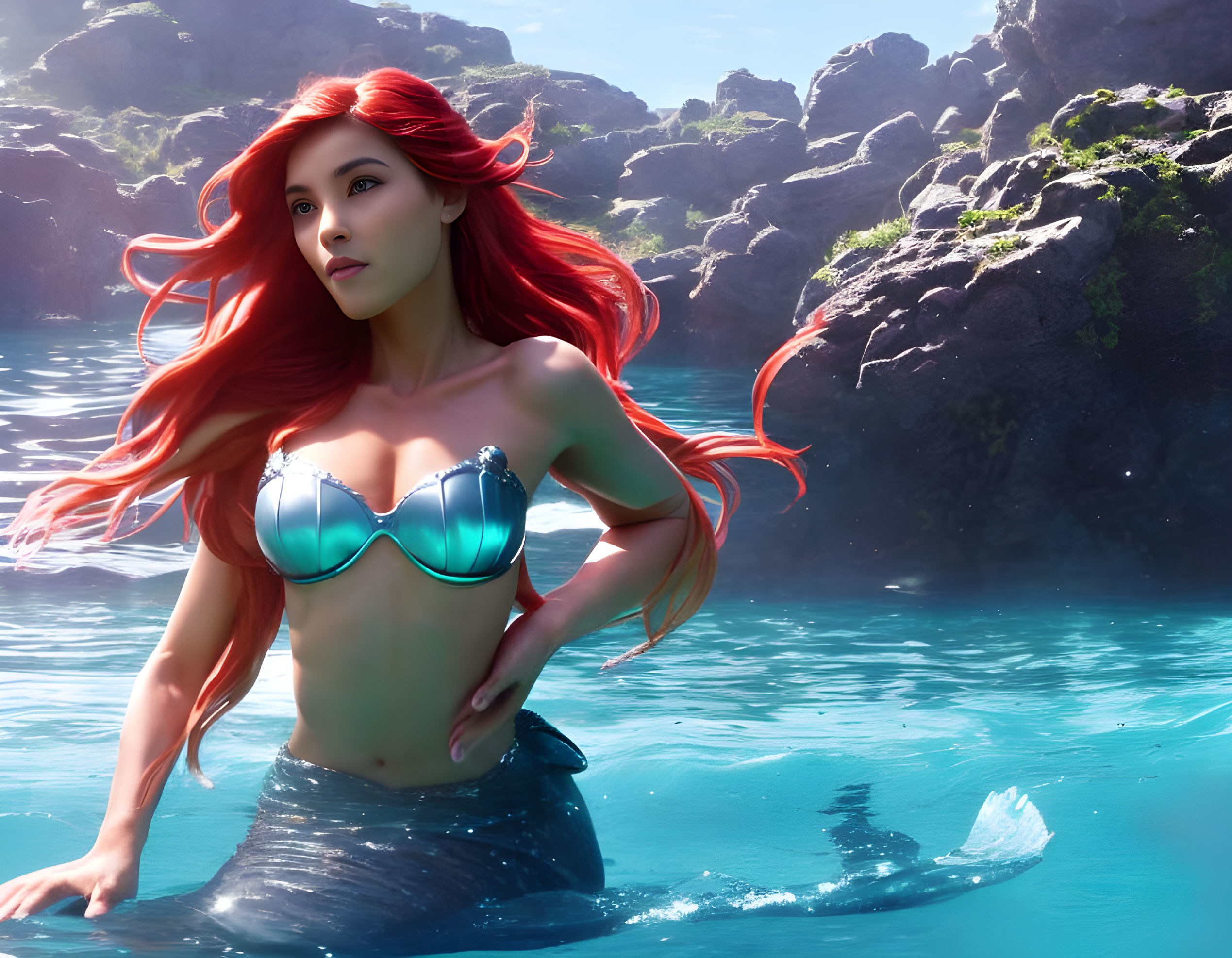 Red-Haired Mermaid Emerges from Clear Waters with Blue Tail