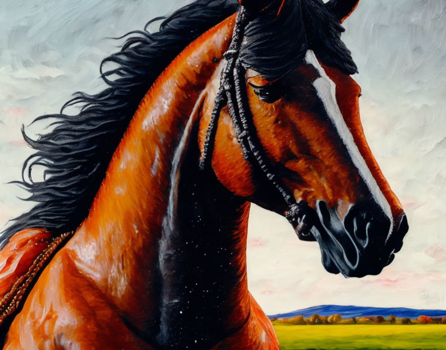 Realistic painting of majestic brown horse with flowing black mane in rural landscape