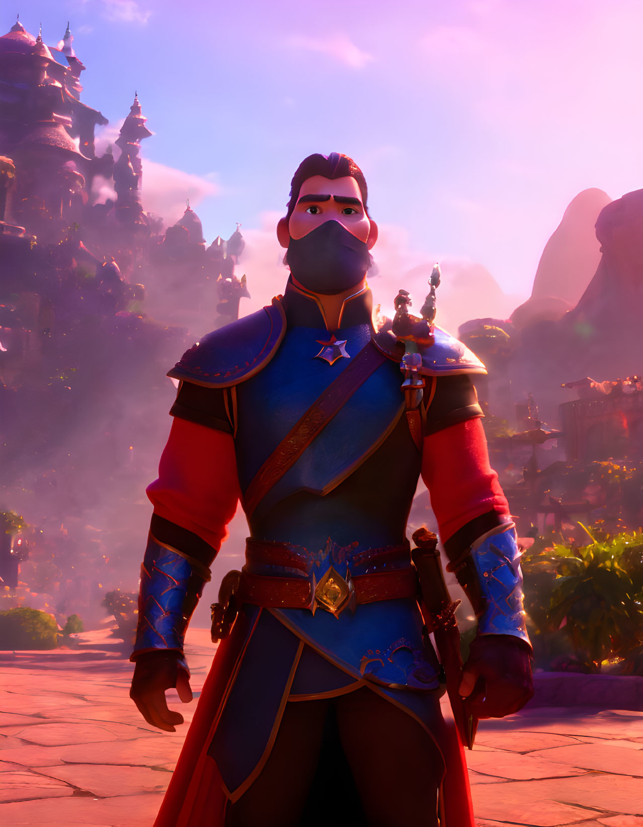 Animated knight in red and blue outfit with castle backdrop