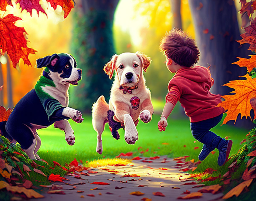 Child playing with puppies in autumn leaves under vibrant trees.