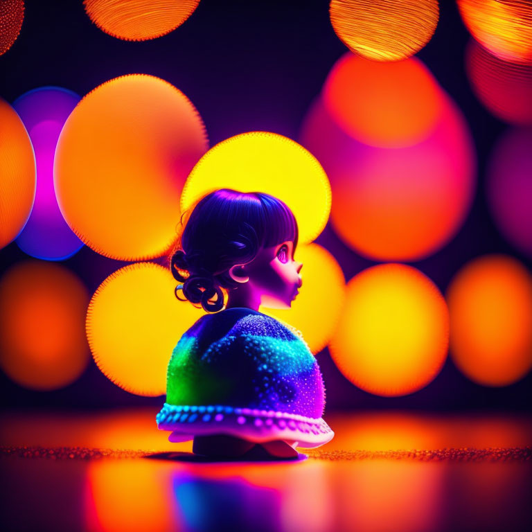 Silhouetted toy figure on vibrant bokeh background with warm purple, orange, and yellow lights