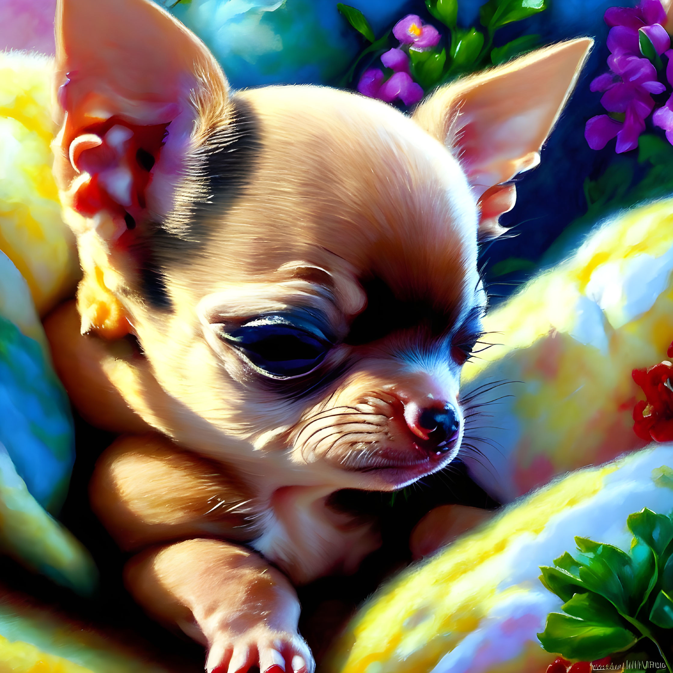 Close-up Digital Artwork: Chihuahua Puppy Among Flowers and Blankets