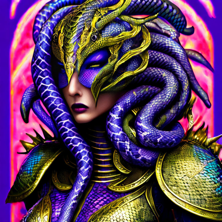 Fantastical human-like figure in golden snake-themed armor with blue eyes amid vibrant serpents on