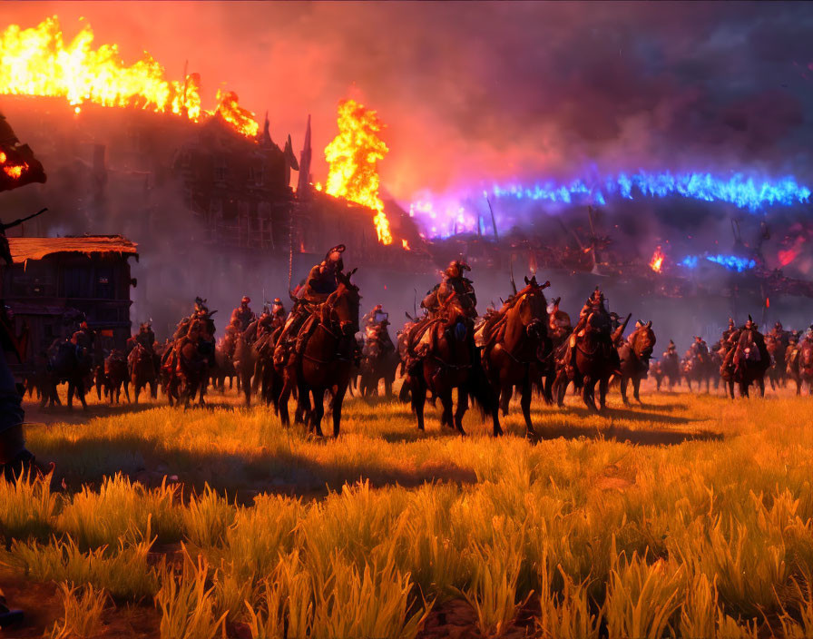 Cavalry soldiers charging through golden field with burning buildings and fiery sky