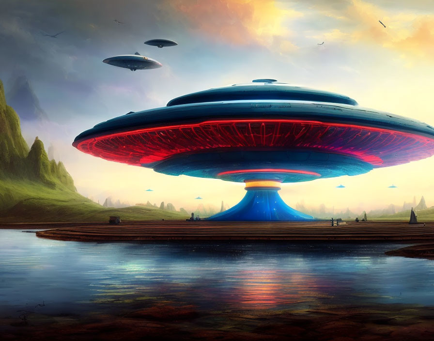 Futuristic UFO over reflective water on alien landscape