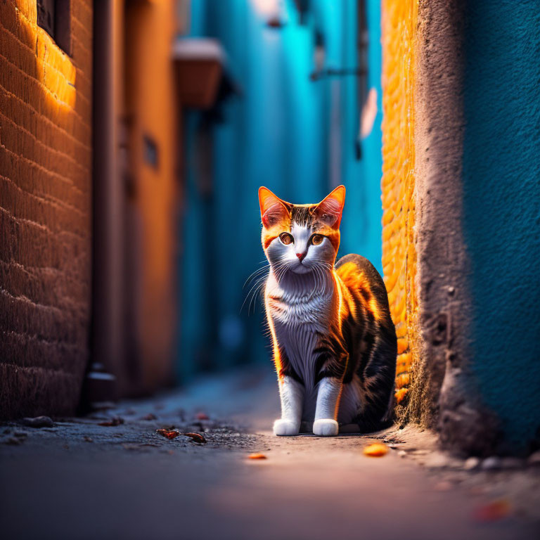 Orange and White Cat in Narrow Alley with Blue and Orange Walls