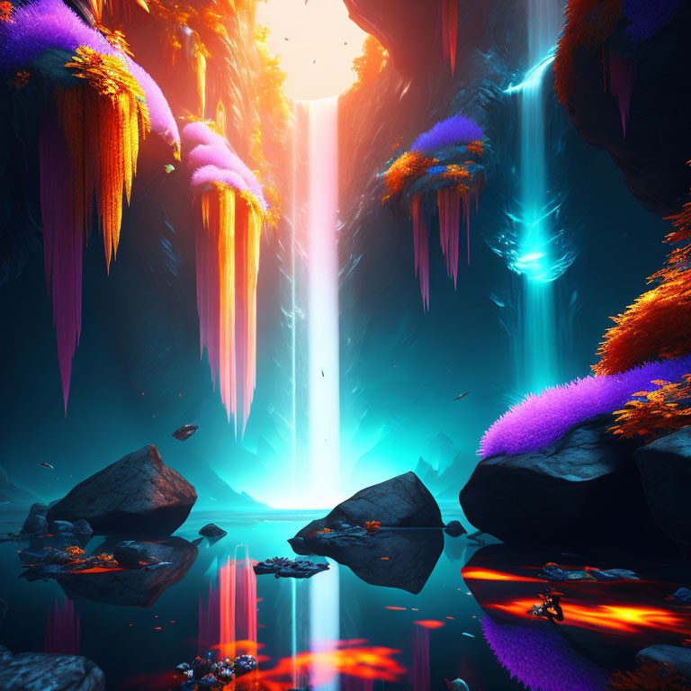 Vibrant surreal landscape with glowing flora and waterfalls