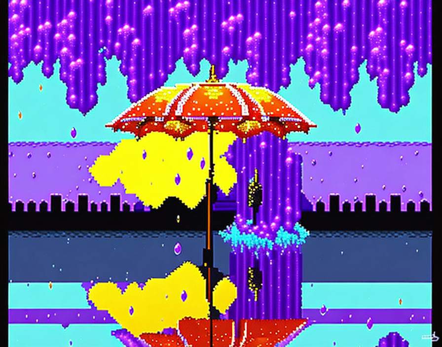 Colorful Pixel Art: Rainy Scene with Umbrella, Clashing Raindrops on Purple & Blue