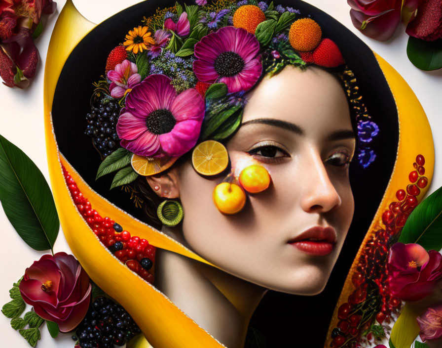 Vibrant floral and fruit composition with woman's face on white background