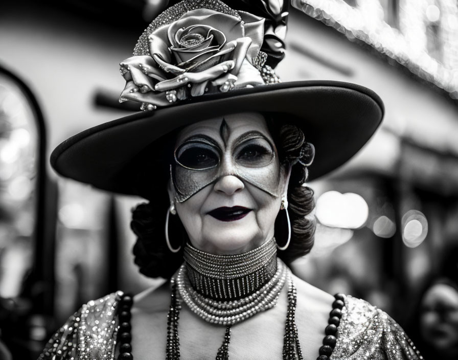 Monochrome photo of person in vintage makeup, elegant hat, rose, beaded necklace, and ch