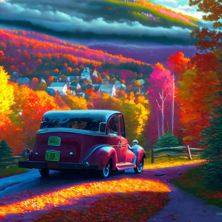 Classic Vintage Car on Vibrant Autumn Road with Rainbow and Quaint Village