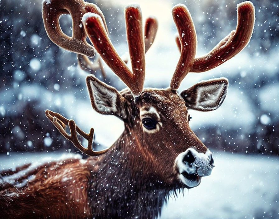 Majestic deer with large antlers in snowy setting