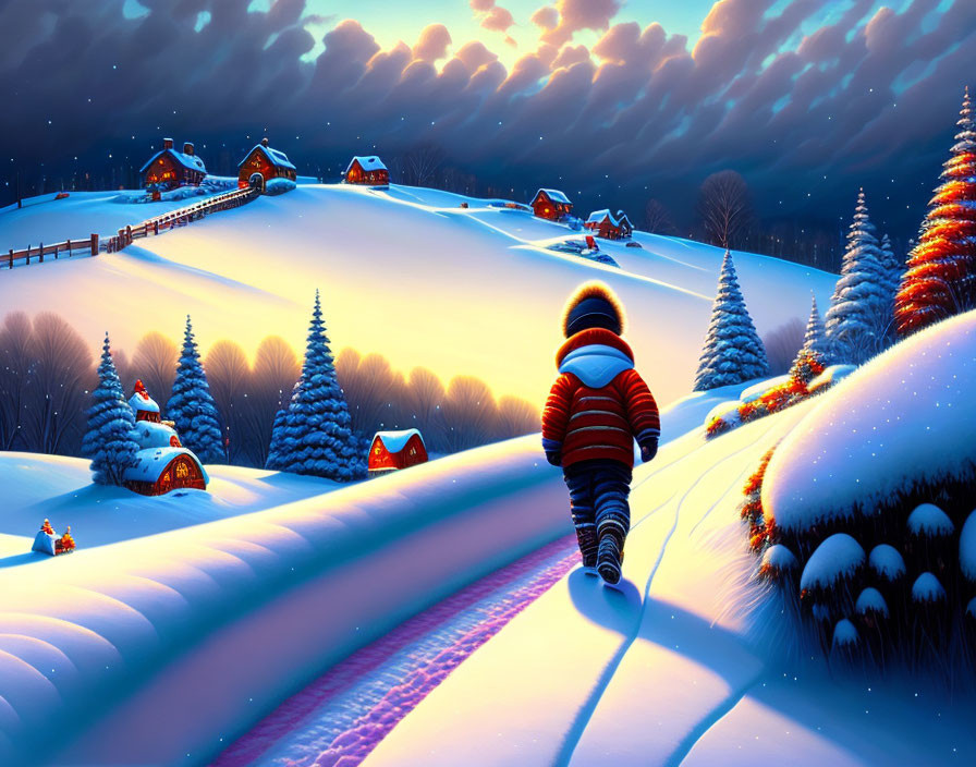 Person in Red Jacket Walking in Snowy Dusk Landscape