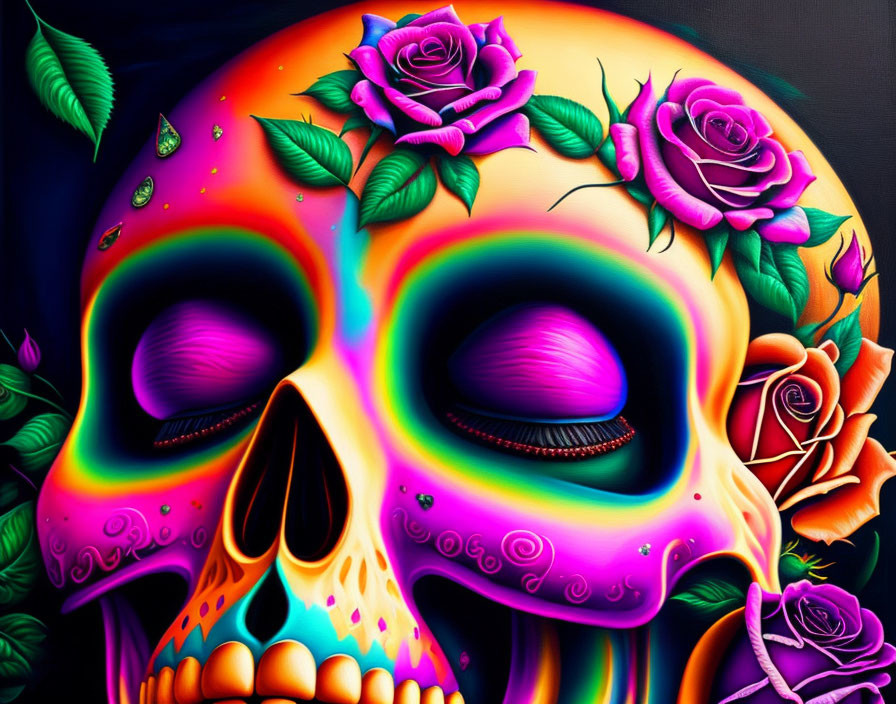 Colorful Day of the Dead skull with roses on dark background