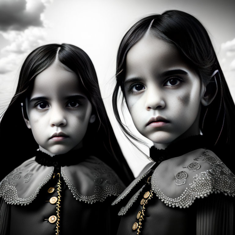 Twin girls in dark matching outfits under cloudy sky