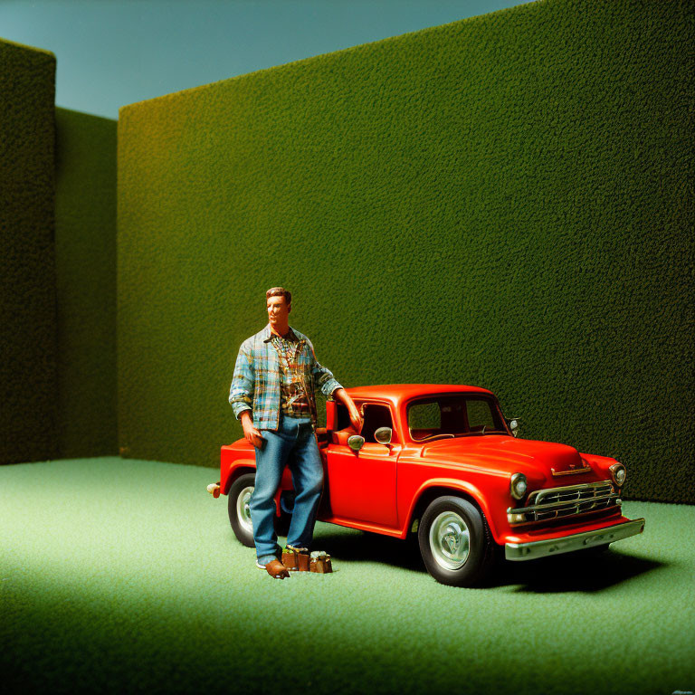 Man in Plaid Shirt Standing by Red Pickup Truck and Green Hedge