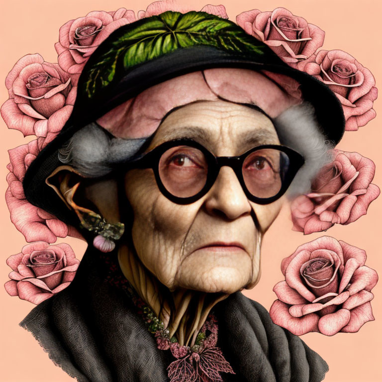 Elderly woman with glasses and headscarf surrounded by illustrated roses