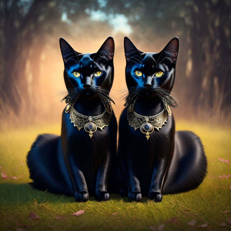 Two black cats with blue eyes and ornate necklaces in mystical forest.