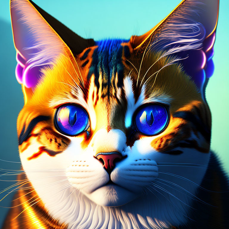 Colorful digital artwork: Blue-eyed cat with orange fur on teal background