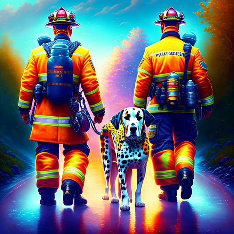 Firefighters in orange gear walking with dog on vibrant, fiery road