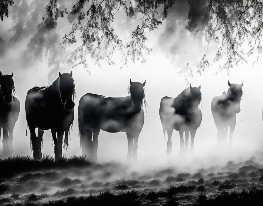 Horses standing under misty tree branches with filtered light