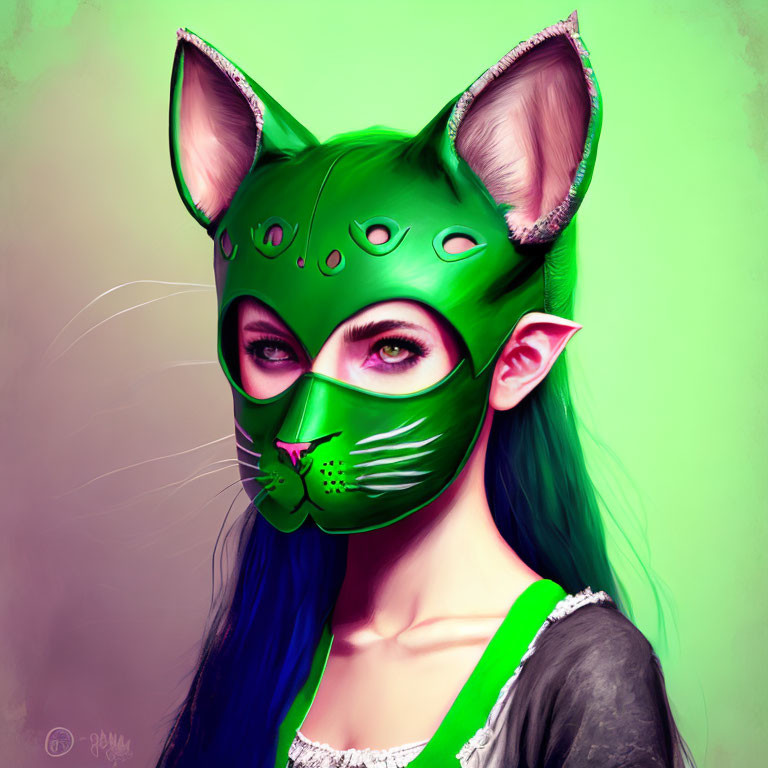 Digital artwork: Person with green cat-like features on soft green background