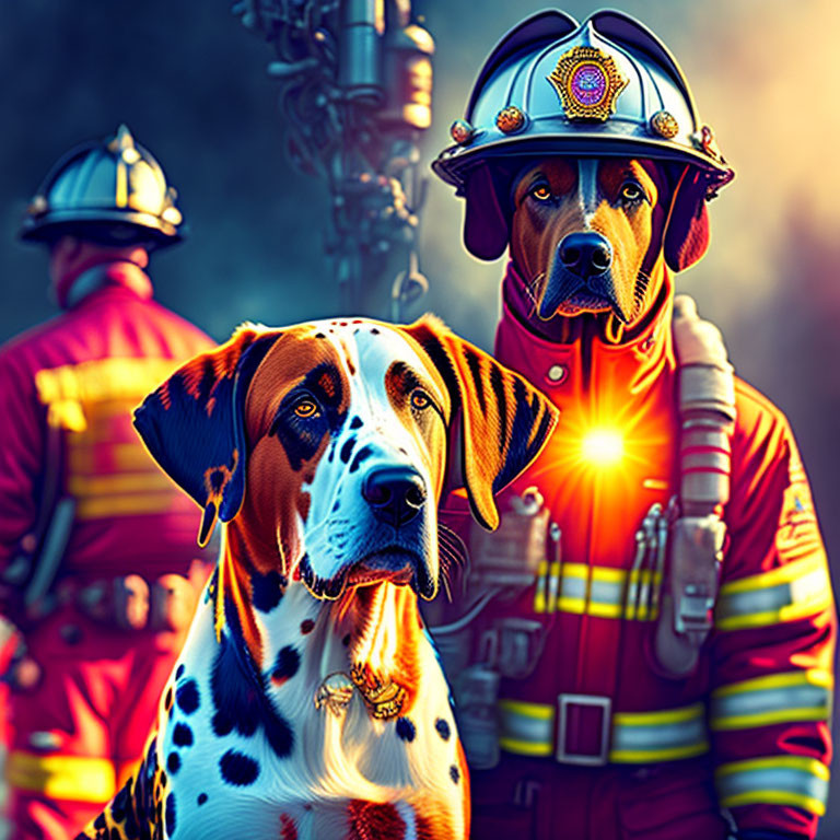 Digital artwork: Dogs in firefighter helmets with heroic firefighters in background