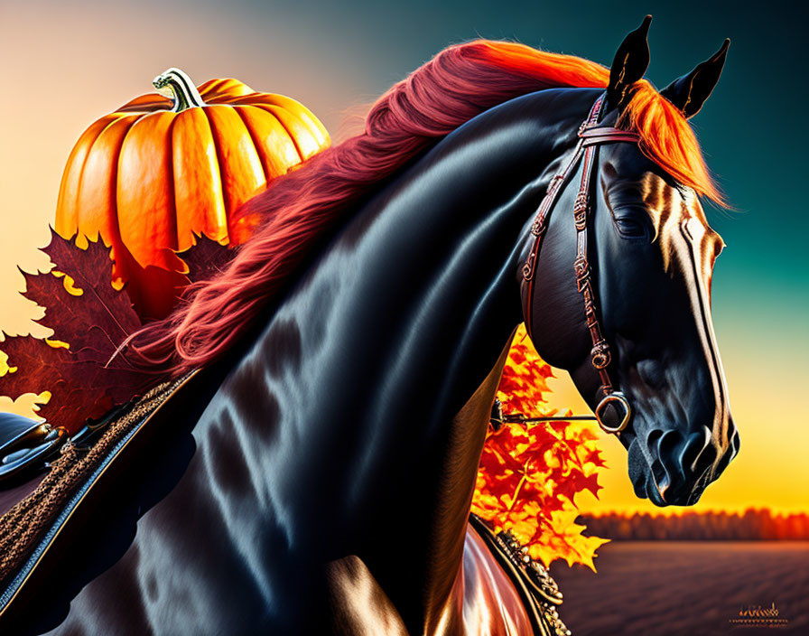 Majestic black horse in autumnal setting with pumpkin and sunset sky