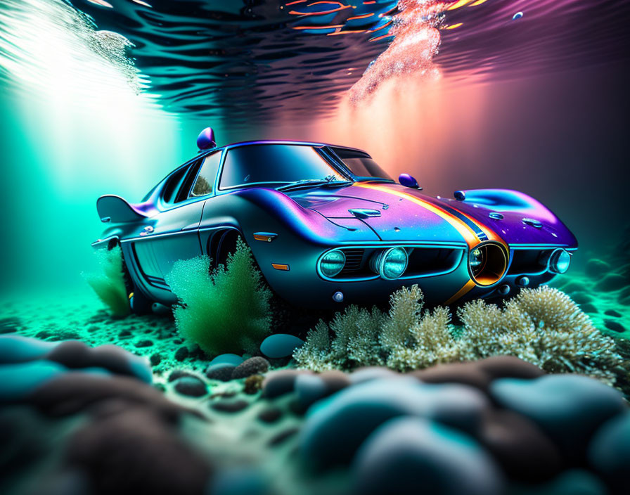 Colorful Underwater Scene with Classic Car and Coral Reef