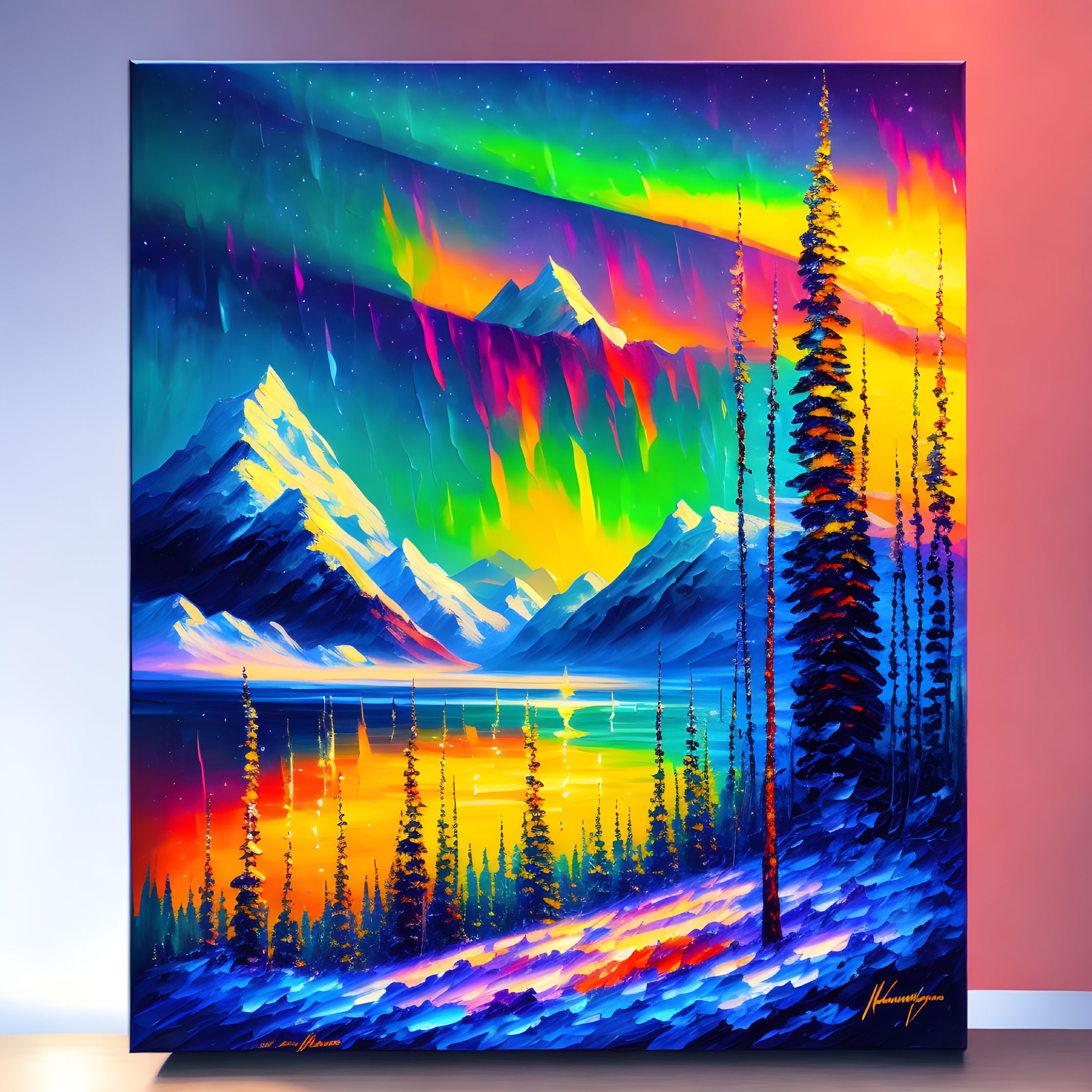 Colorful Mountain Landscape with Northern Lights, Pine Trees, and Water Reflections