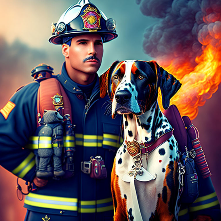 Firefighter with Dalmatian in front of billowing smoke