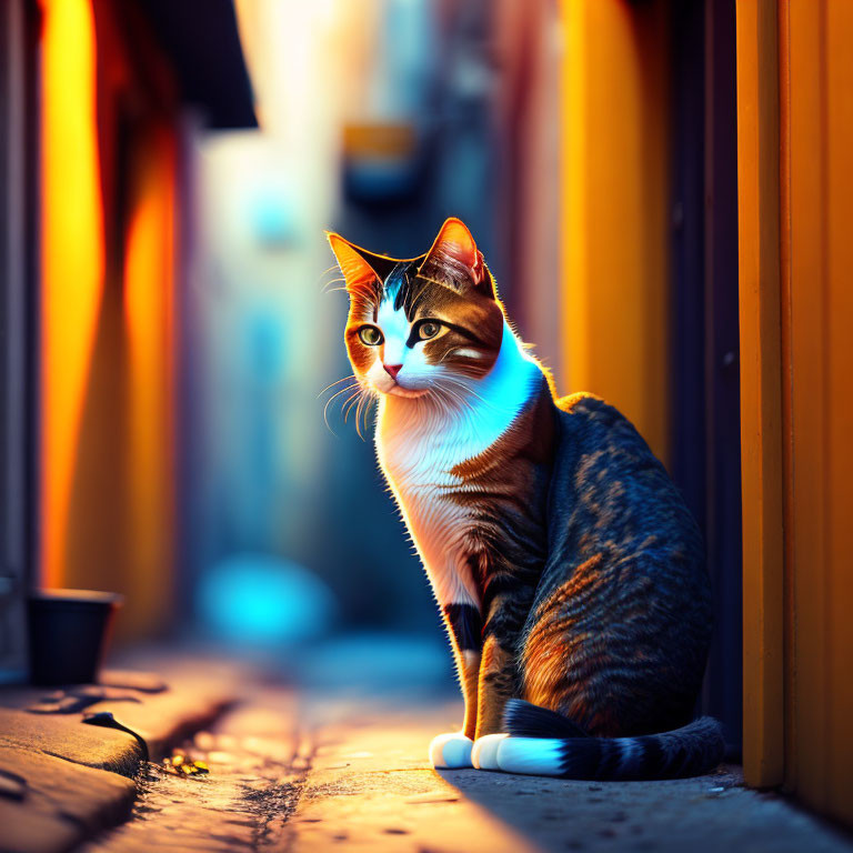 Cat sitting in cobblestone alleyway under warm light